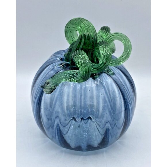 Wheaton Arts Glass Hand Blown Clear Blue Pumpkin Gourd Green Curly Stem Signed - Picture 1 of 11